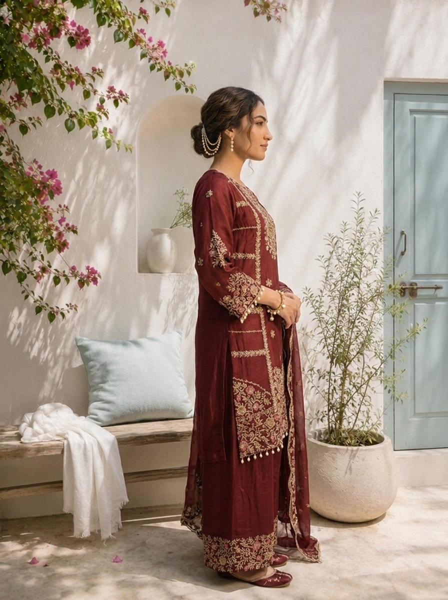Brown Chinon Zari Embroidered Three Piece Set