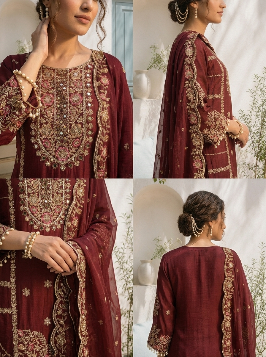Brown Chinon Zari Embroidered Three Piece Set