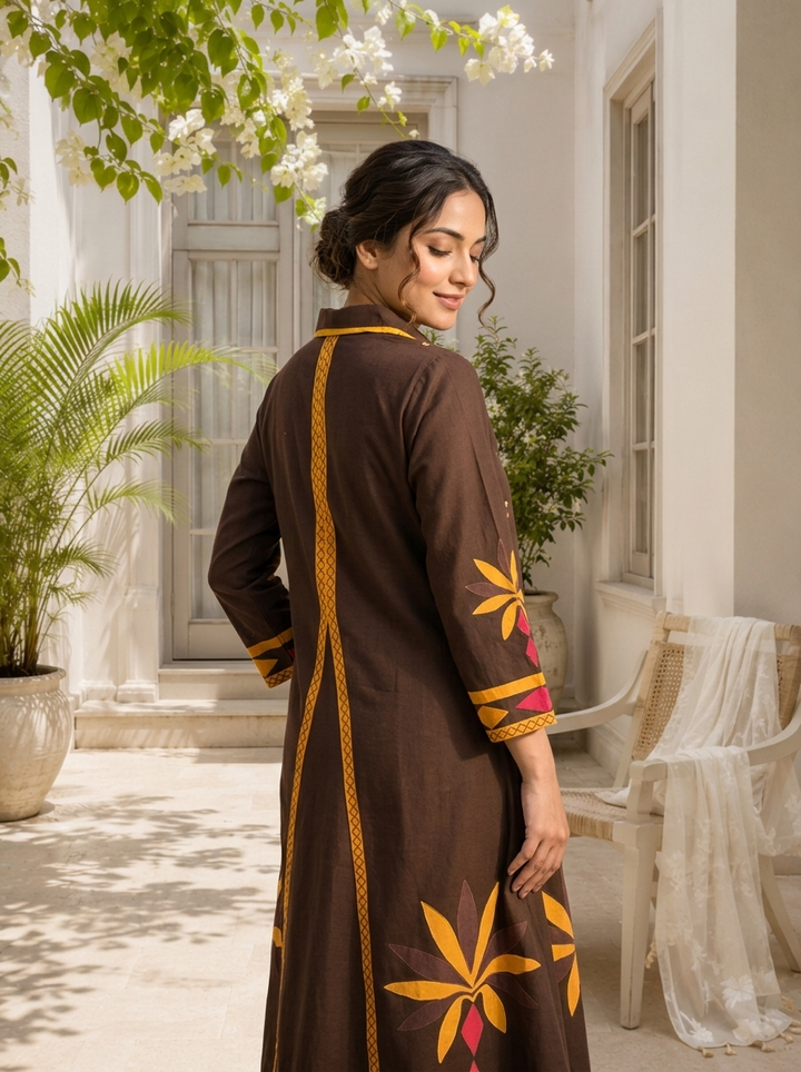 Brown Cotton Geometric Applique Printed Two Piece Set