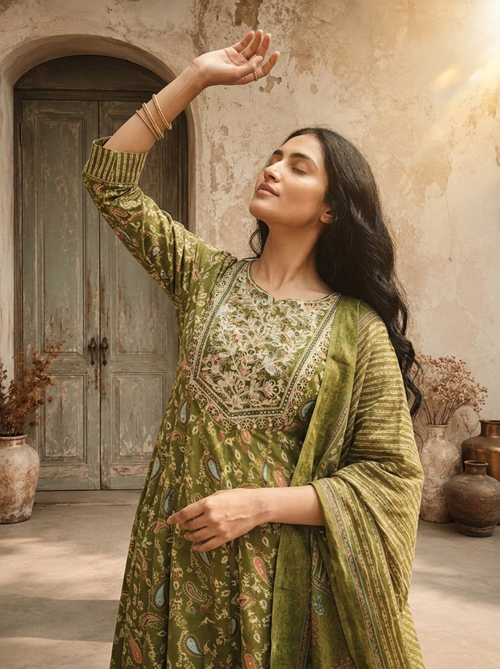 Olive Muslin Paisley Printed Three Piece Set