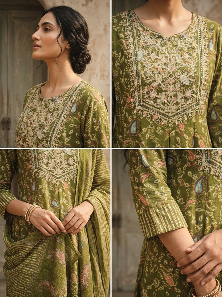 Olive Muslin Paisley Printed Three Piece Set