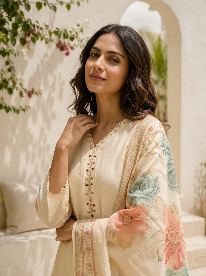 Cream Muslin Floral Printed Three Piece Set