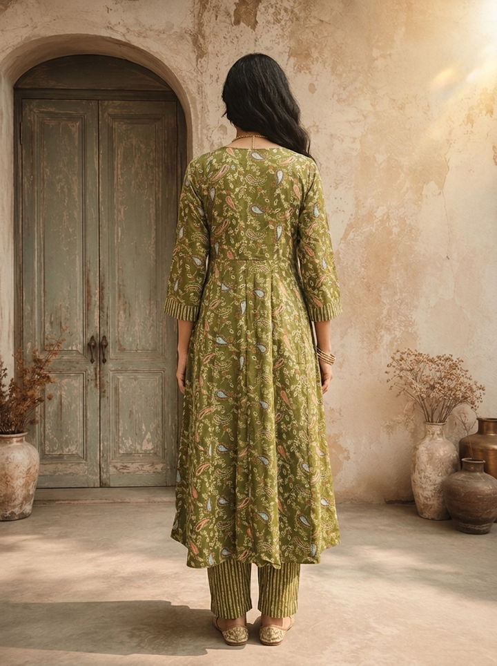 Olive Muslin Paisley Printed Three Piece Set