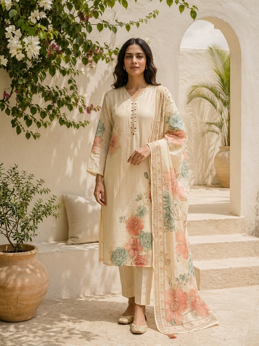 Cream Muslin Floral Printed Three Piece Set