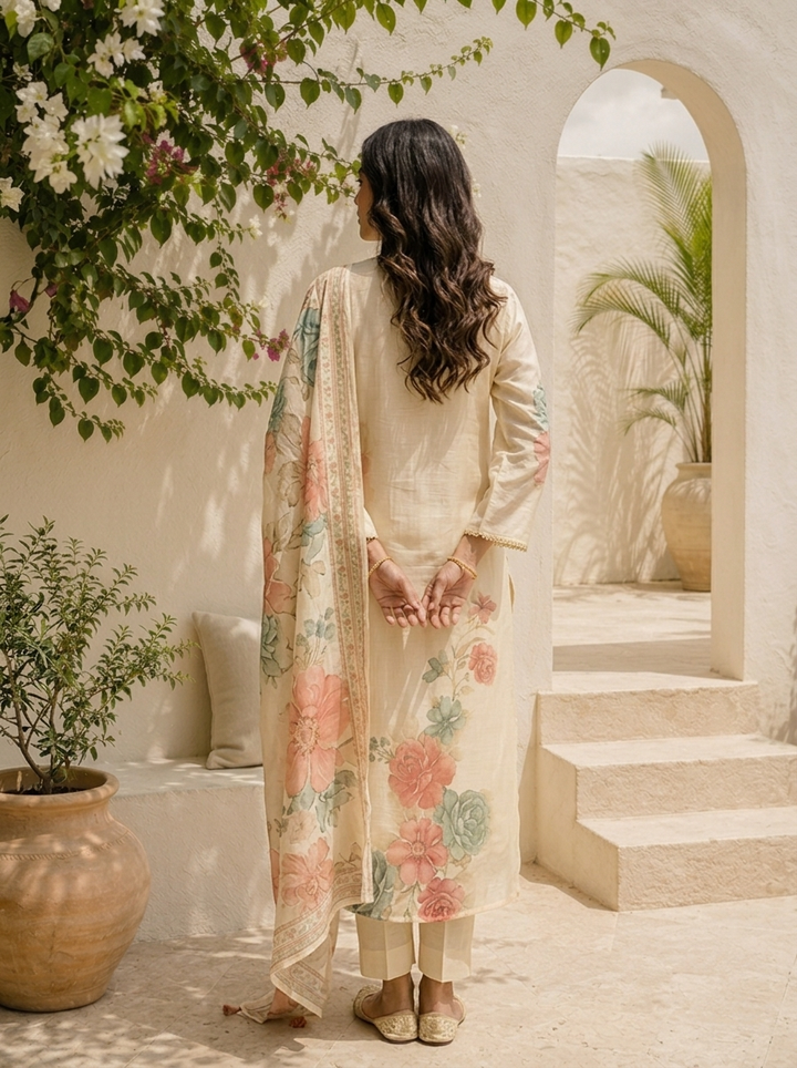 Cream Muslin Floral Printed Three Piece Set