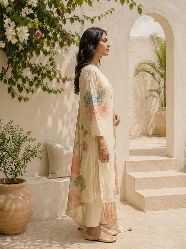 Cream Muslin Floral Printed Three Piece Set