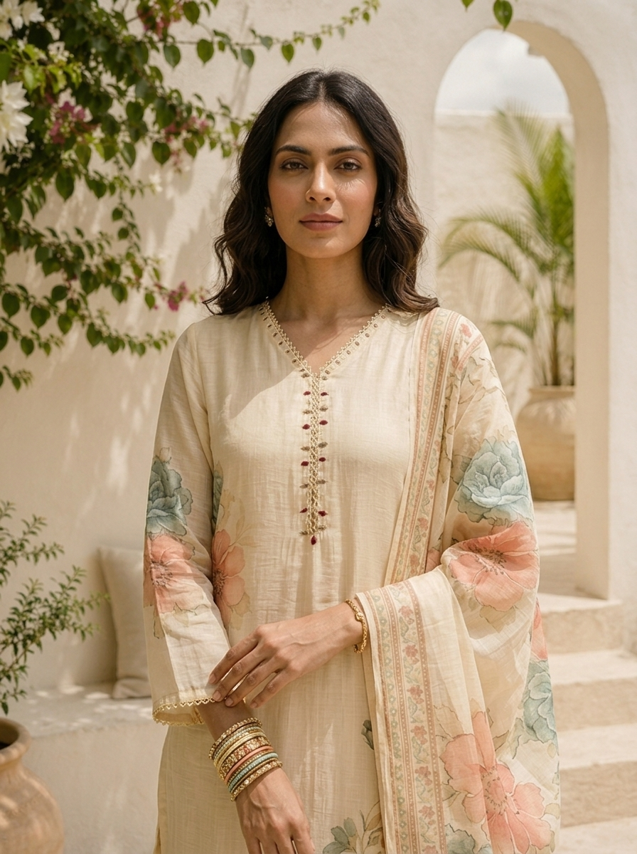 Cream Muslin Floral Printed Three Piece Set