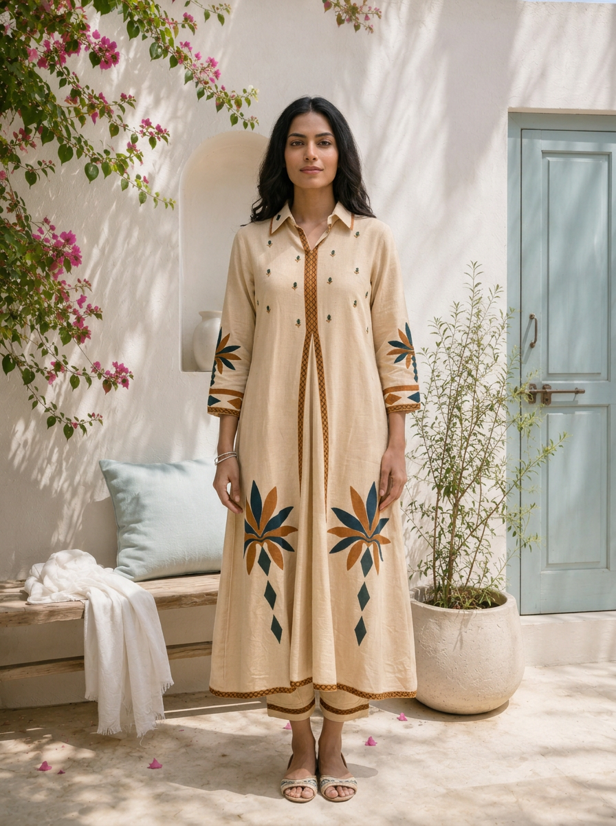 Cream Cotton Geometric Applique Printed Two Piece Set