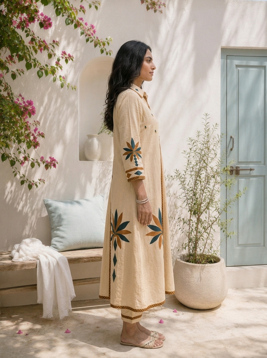 Cream Cotton Geometric Applique Printed Two Piece Set
