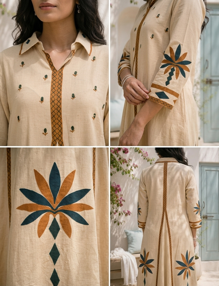 Cream Cotton Geometric Applique Printed Two Piece Set