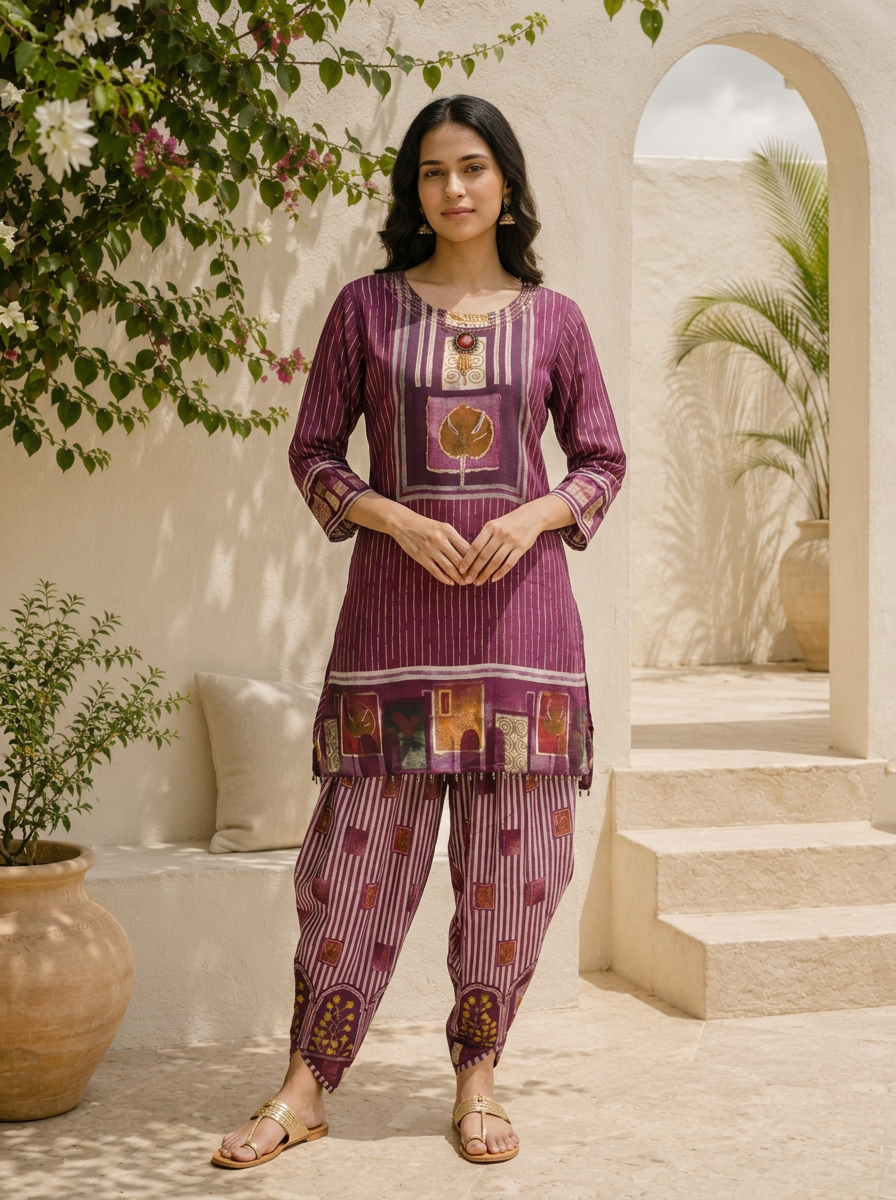Wine Crepe Ajrakh Printed Two Piece Set