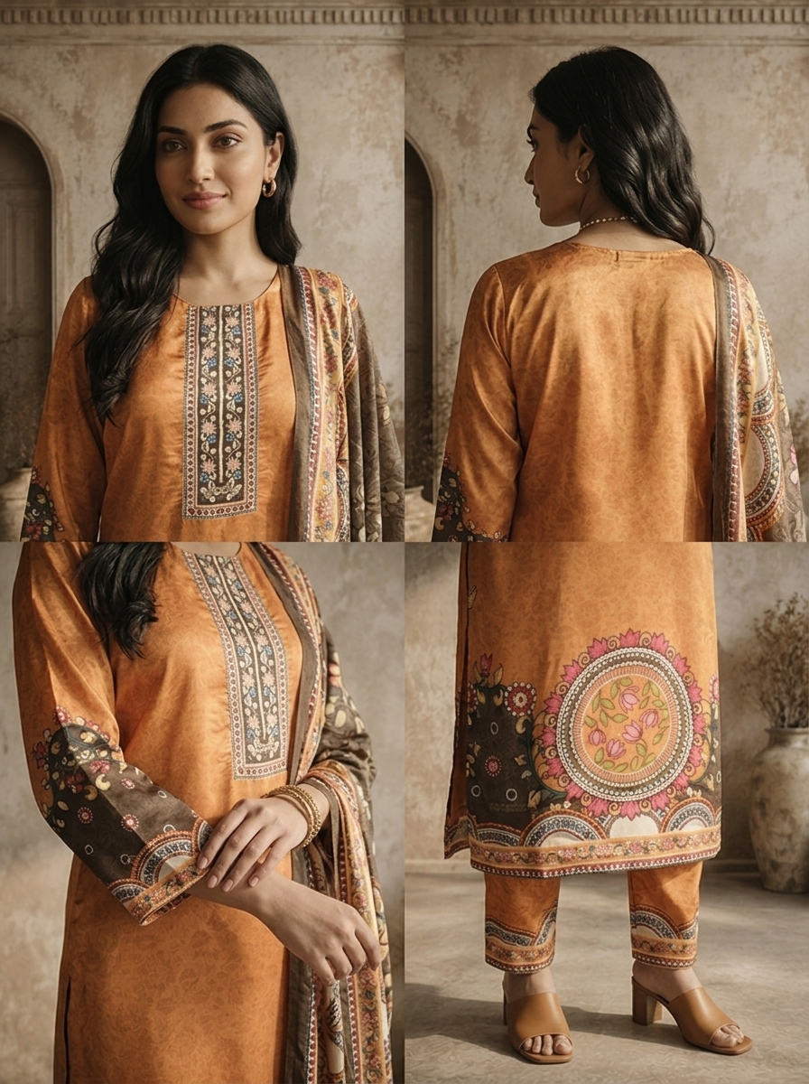 Gold Crepe Mandala Printed Three Piece Set