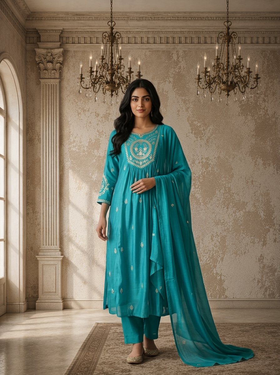 Ferozi Chanderi Silk Zari Embroidered Three Piece Set