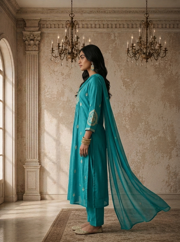 Ferozi Chanderi Silk Zari Embroidered Three Piece Set