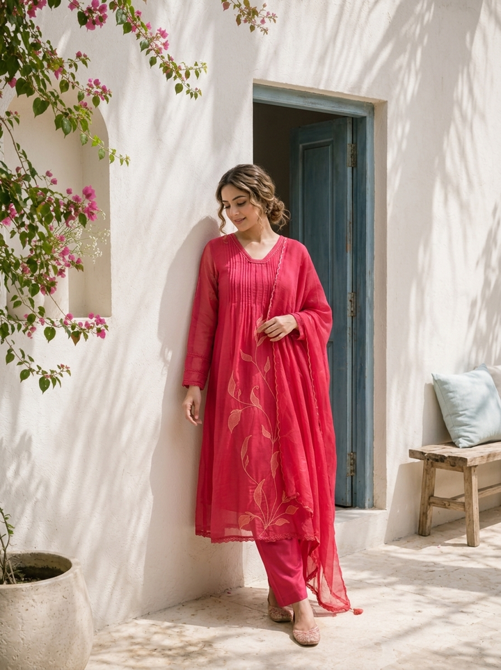 Wine Chanderi Floral Thread Embroidered Three Piece Set