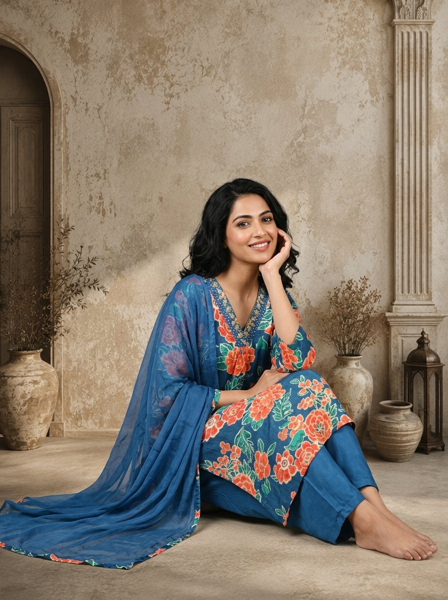 Blue Muslin Botanical Printed Three Piece Set