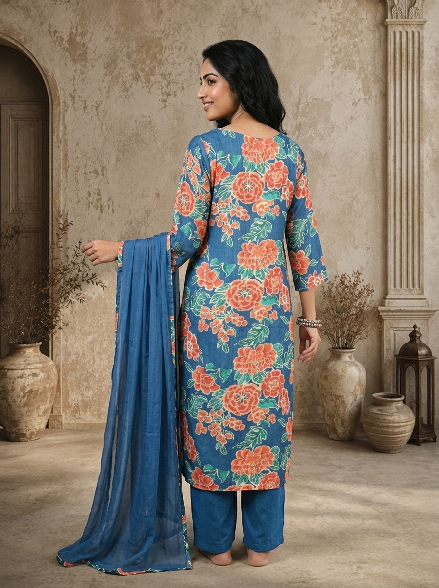 Blue Muslin Botanical Printed Three Piece Set