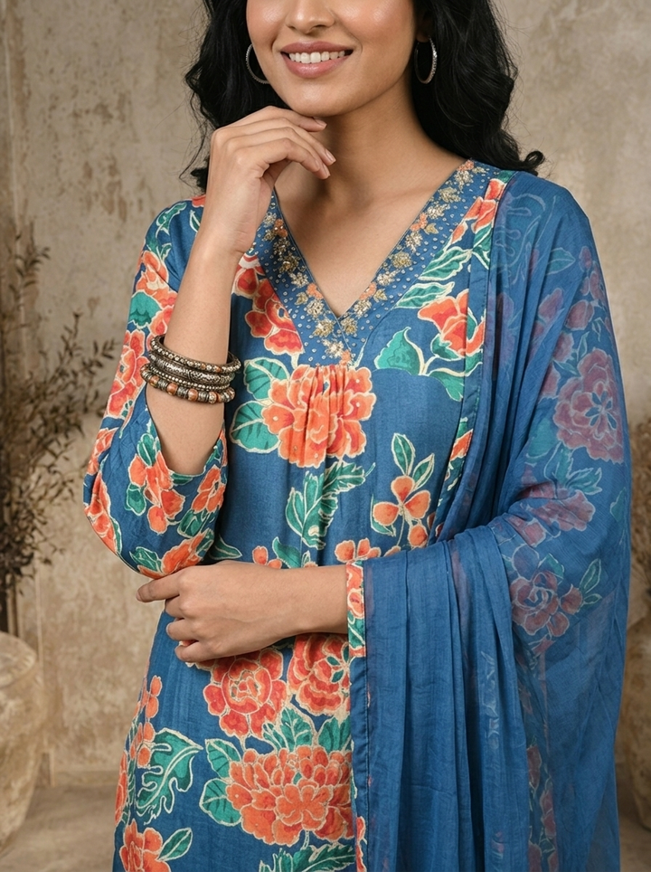 Blue Muslin Botanical Printed Three Piece Set