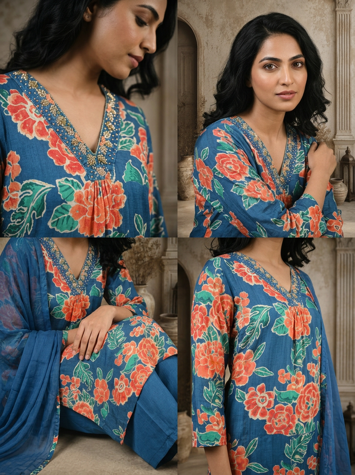 Blue Muslin Botanical Printed Three Piece Set
