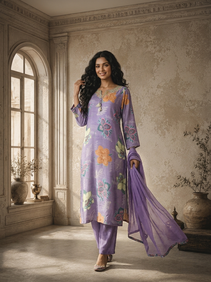 Purple Muslin Botanical Printed Three Piece Set