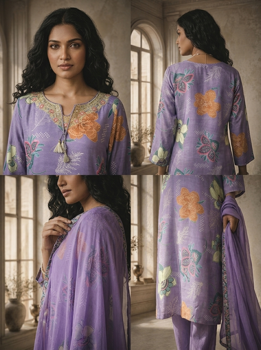 Purple Muslin Botanical Printed Three Piece Set