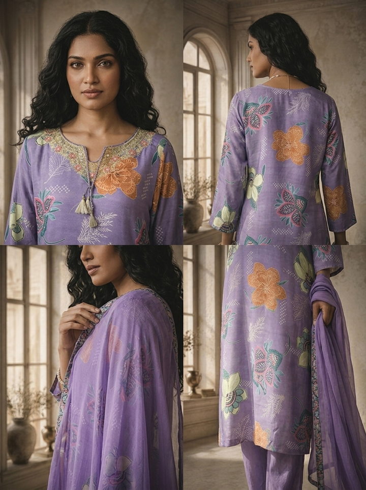 Purple Muslin Botanical Printed Three Piece Set