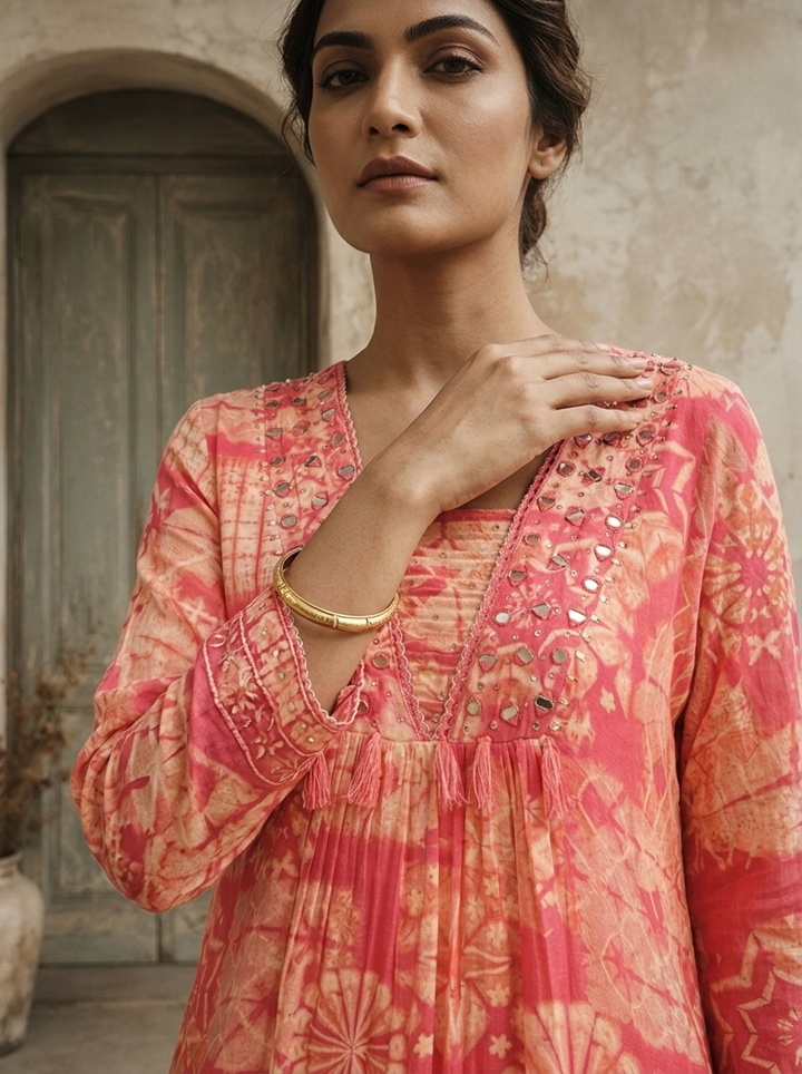 Rose Pink Muslin Geometric Printed Three Piece Set