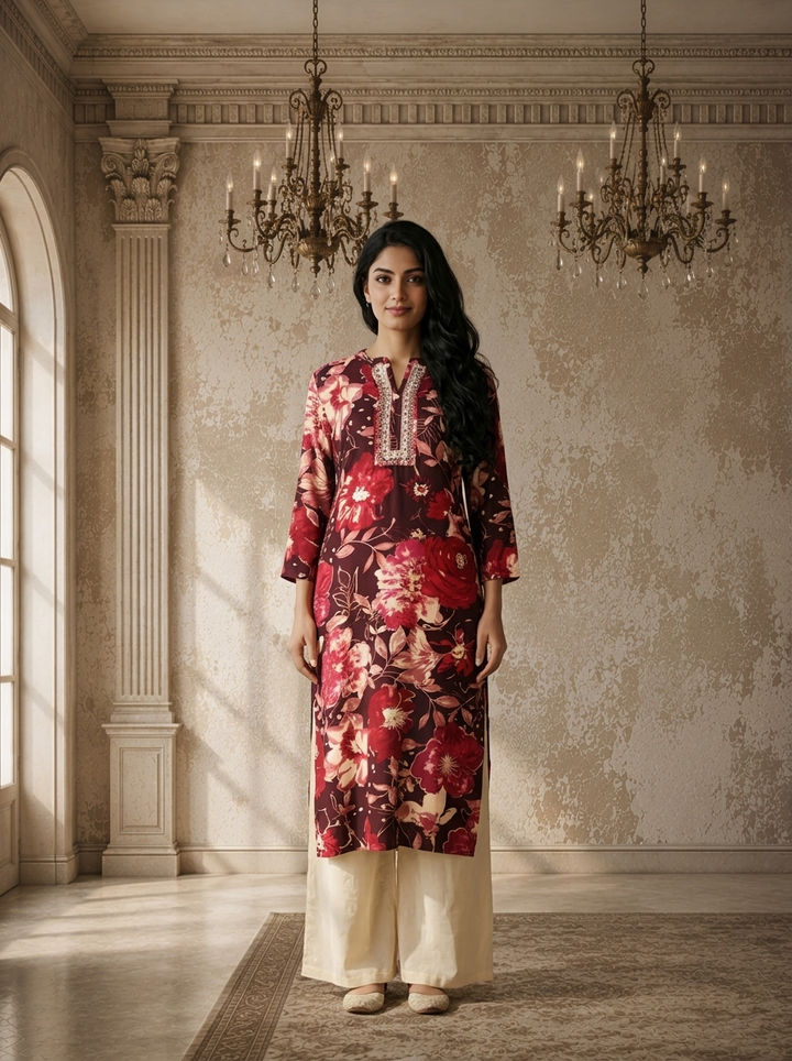 Wine Rayon Floral Printed Kurta