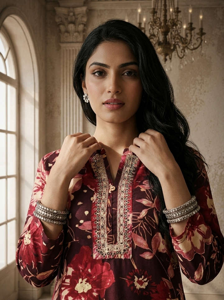 Wine Rayon Floral Printed Kurta