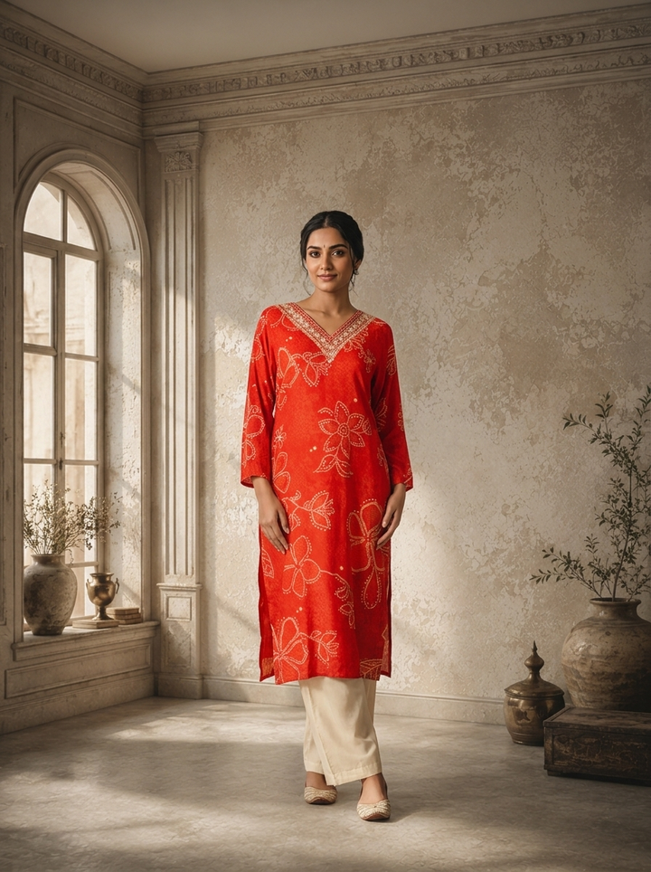 Red Rayon Floral Dots Printed Kurta