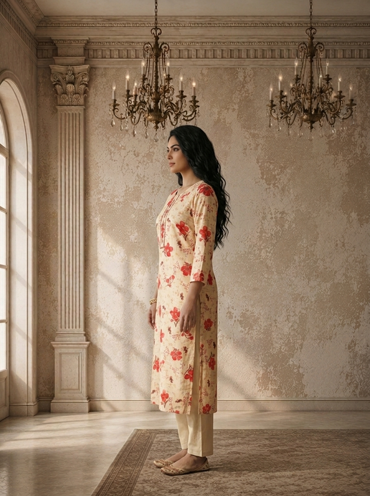 Red Rayon Hibiscus Floral Printed Kurta