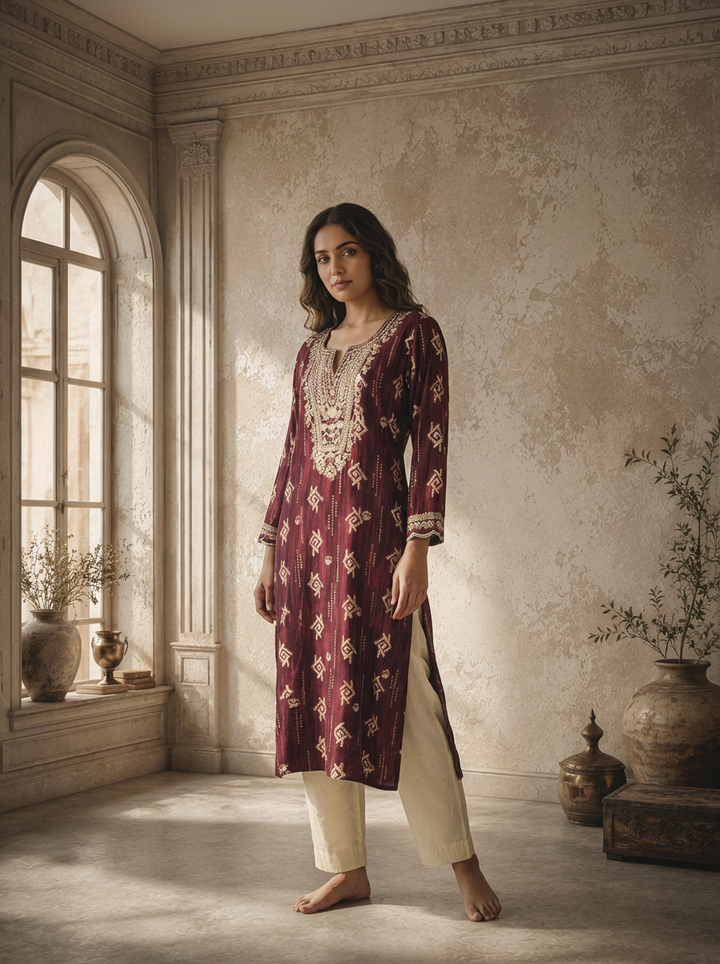 Wine Rayon Geometric Bandhani Grid Printed Kurta