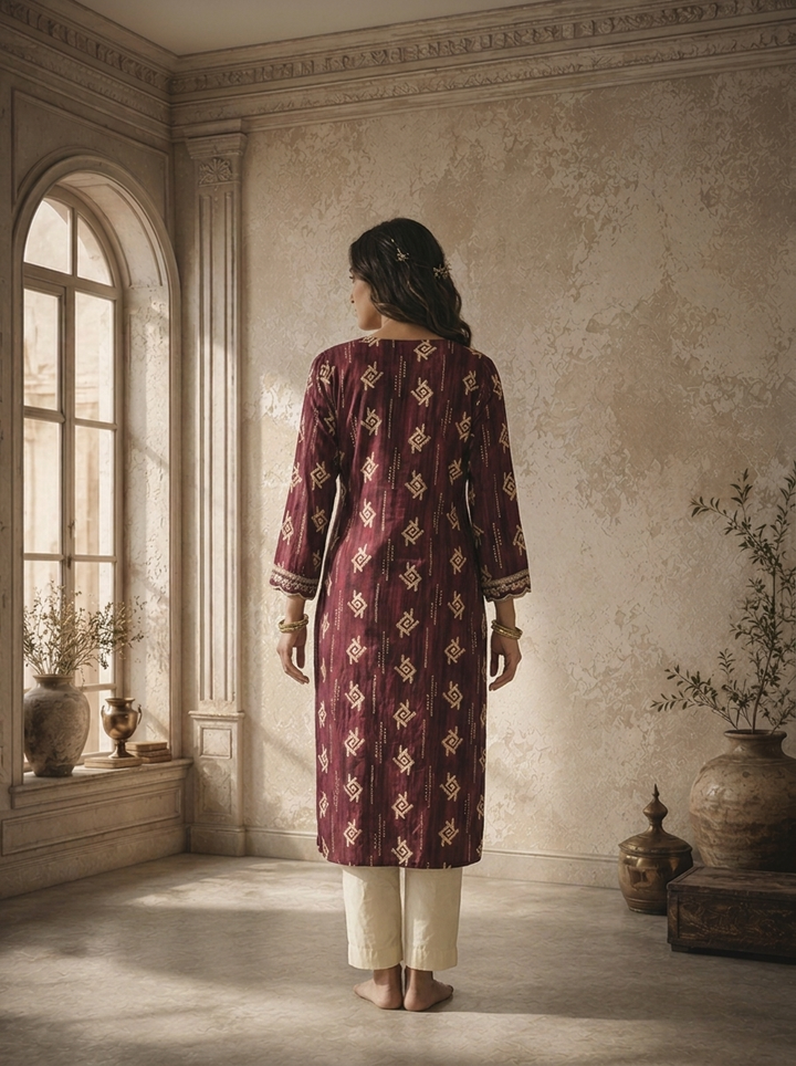 Wine Rayon Geometric Bandhani Grid Printed Kurta