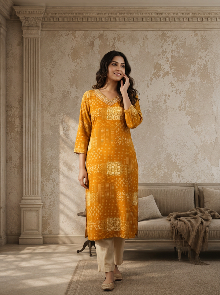 Gold Rayon Patch Printed Kurta