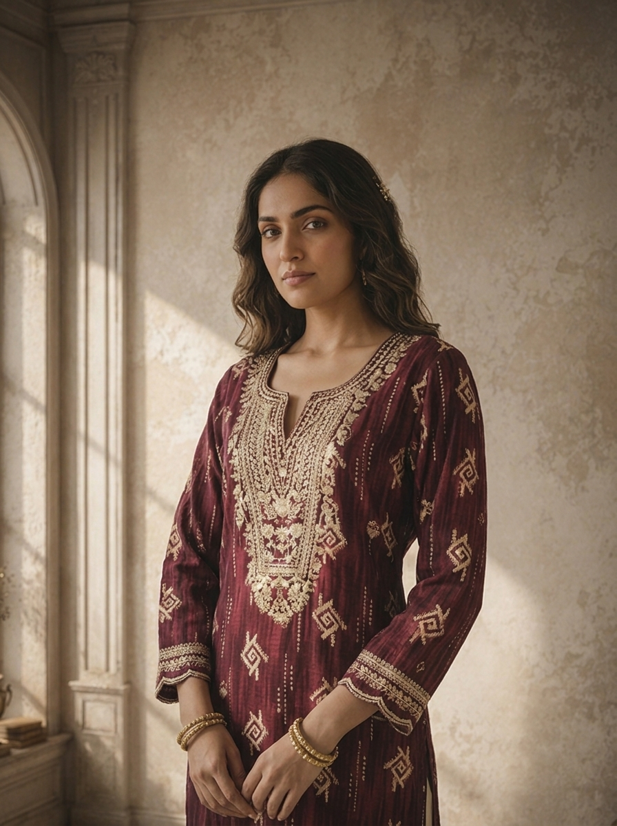 Wine Rayon Geometric Bandhani Grid Printed Kurta