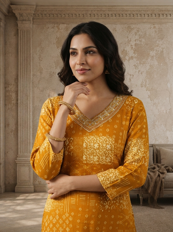 Gold Rayon Patch Printed Kurta