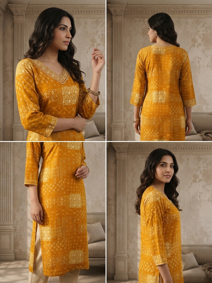 Gold Rayon Patch Printed Kurta