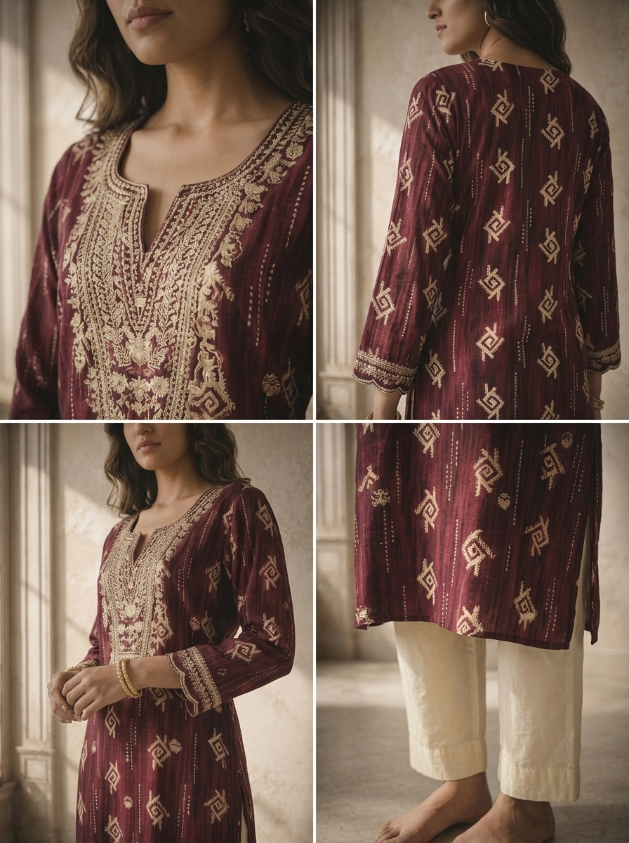 Wine Rayon Geometric Bandhani Grid Printed Kurta