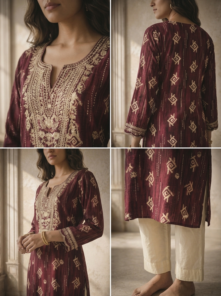 Wine Rayon Geometric Bandhani Grid Printed Kurta