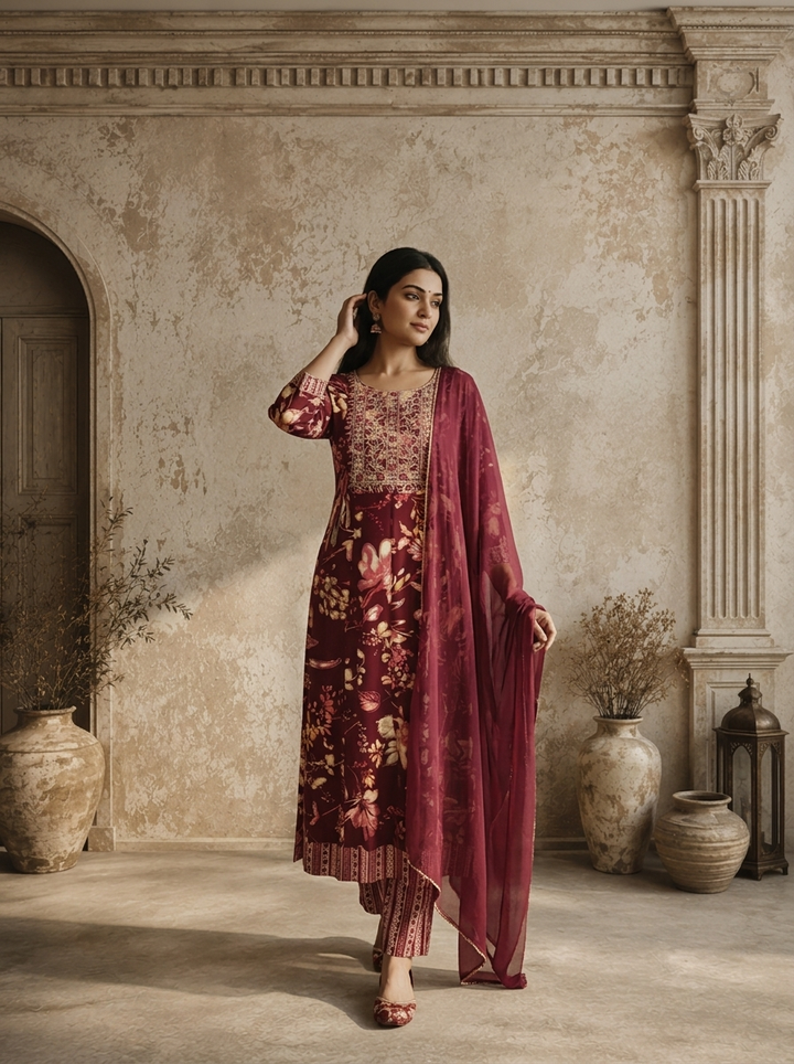 Wine Rayon Floral Jaal Printed Three Piece Set