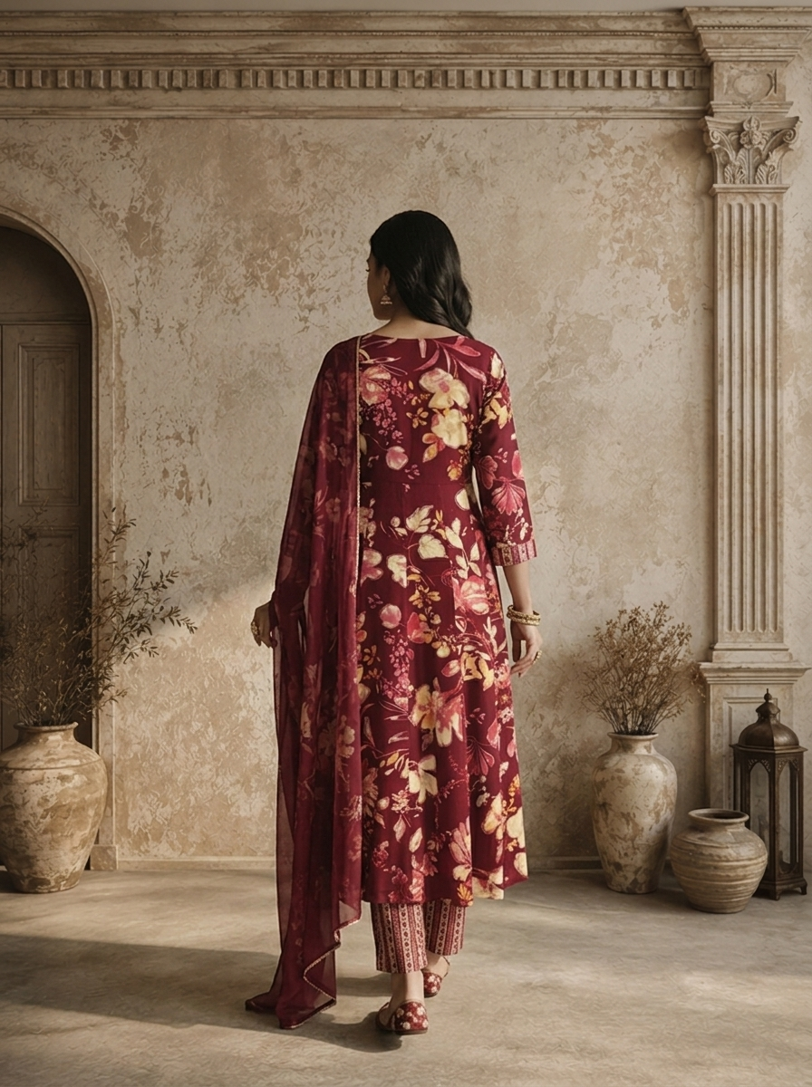 Wine Rayon Floral Jaal Printed Three Piece Set