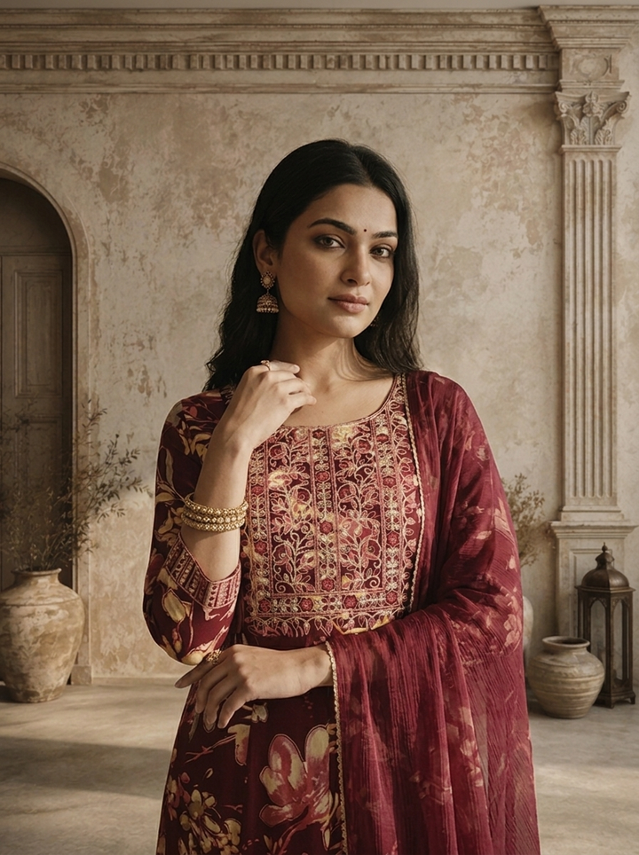 Wine Rayon Floral Jaal Printed Three Piece Set
