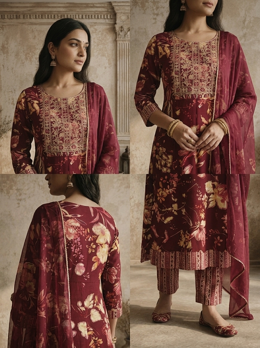 Wine Rayon Floral Jaal Printed Three Piece Set