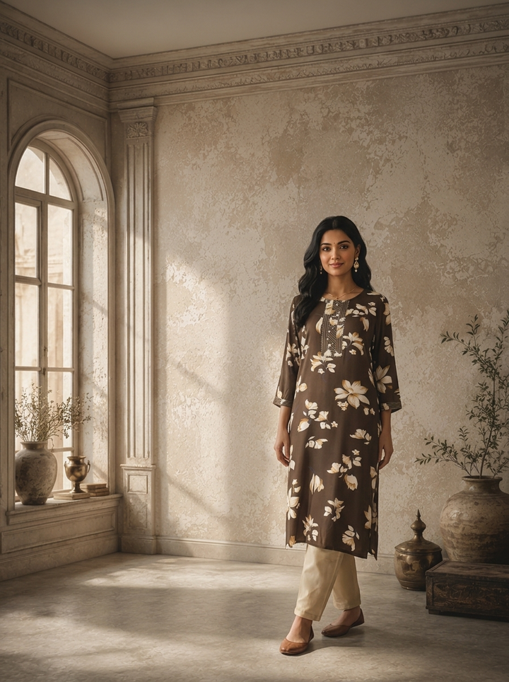 Brown Rayon Floral Printed Kurta