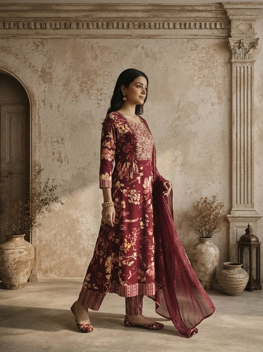 Wine Rayon Floral Jaal Printed Three Piece Set