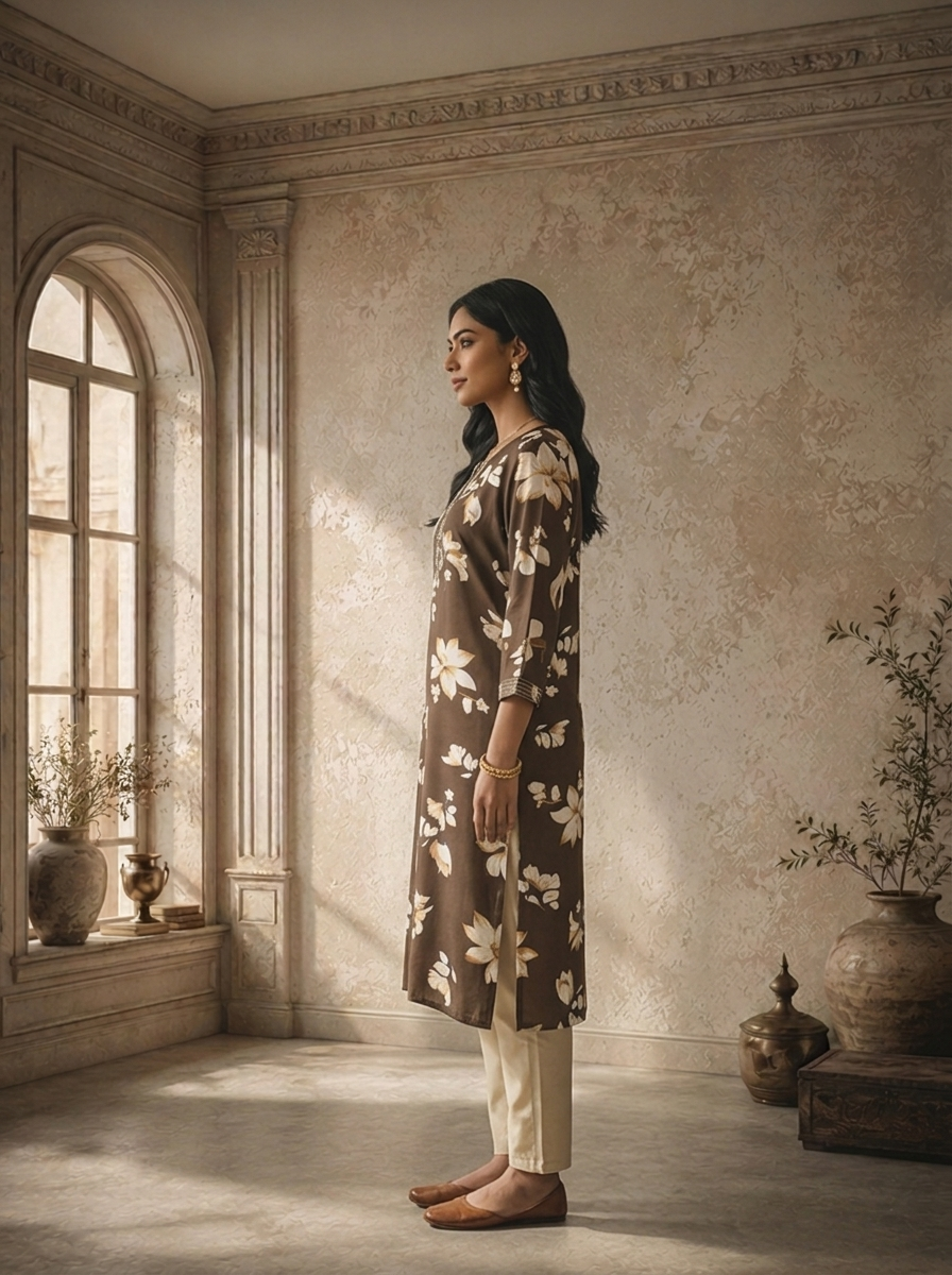 Brown Rayon Floral Printed Kurta