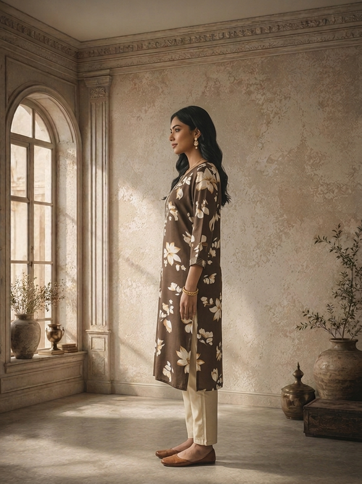Brown Rayon Floral Printed Kurta