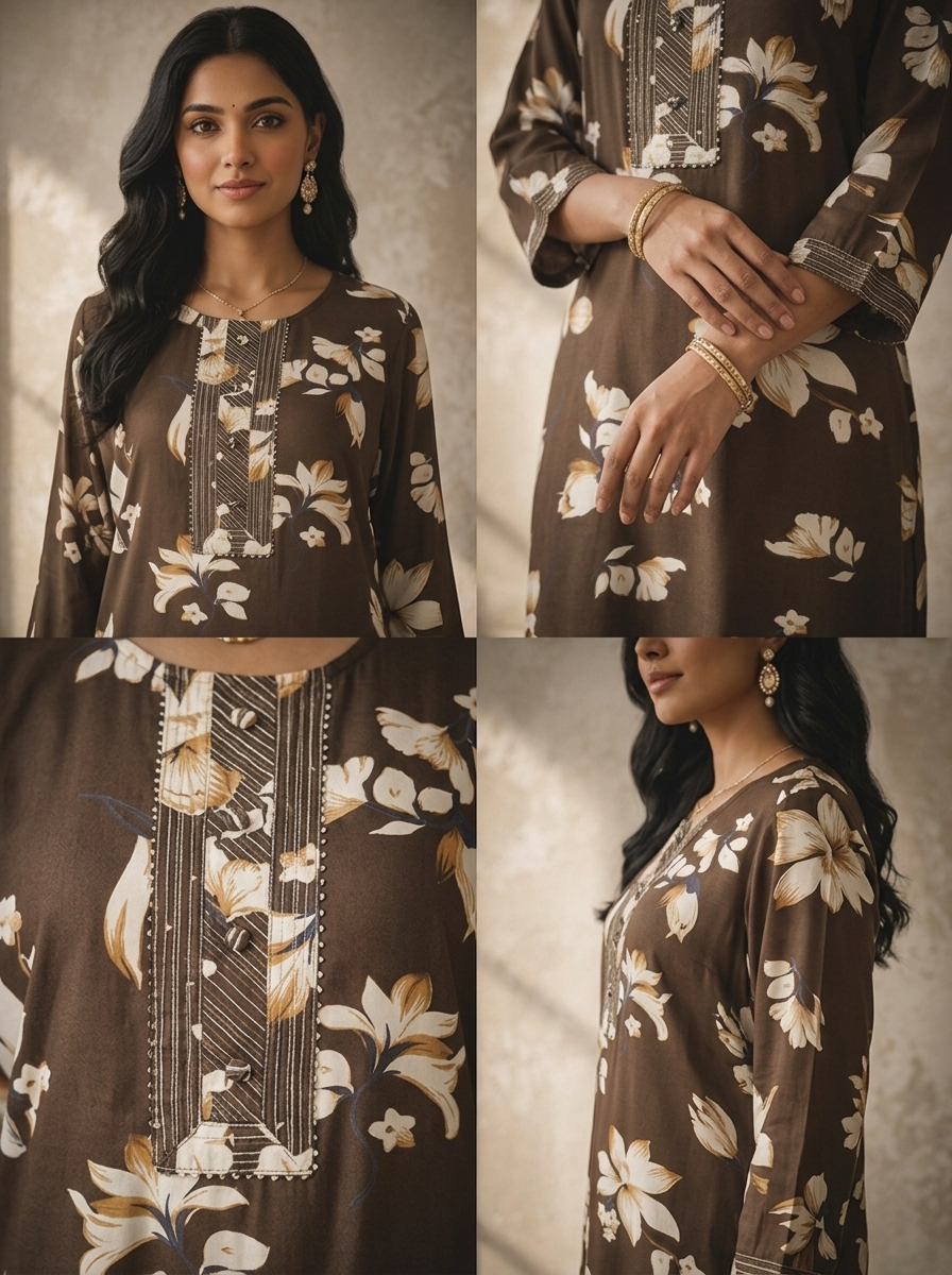 Brown Rayon Floral Printed Kurta
