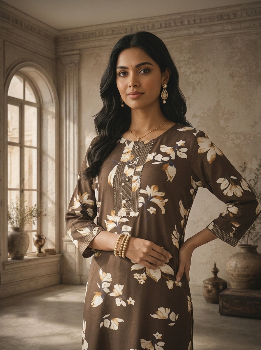 Brown Rayon Floral Printed Kurta