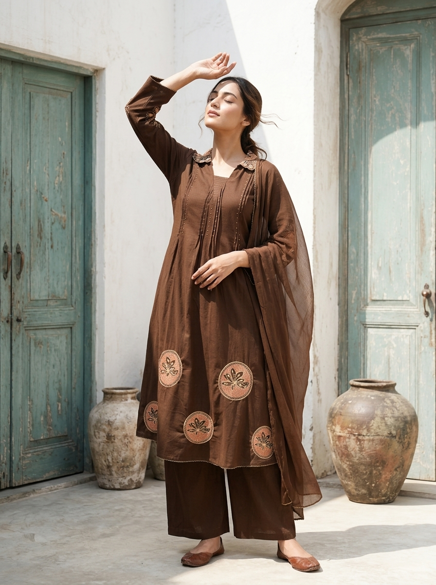 Brown Cotton Thread Embroidered Two Piece Set